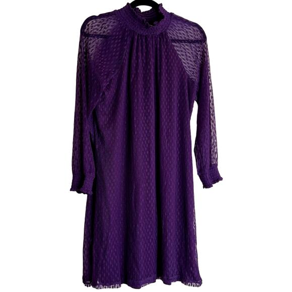 Nina Leonard Chiffon Kjole Trapeze Shift Dress Women Large Purple Lace Coquette - Picture 2 of 16